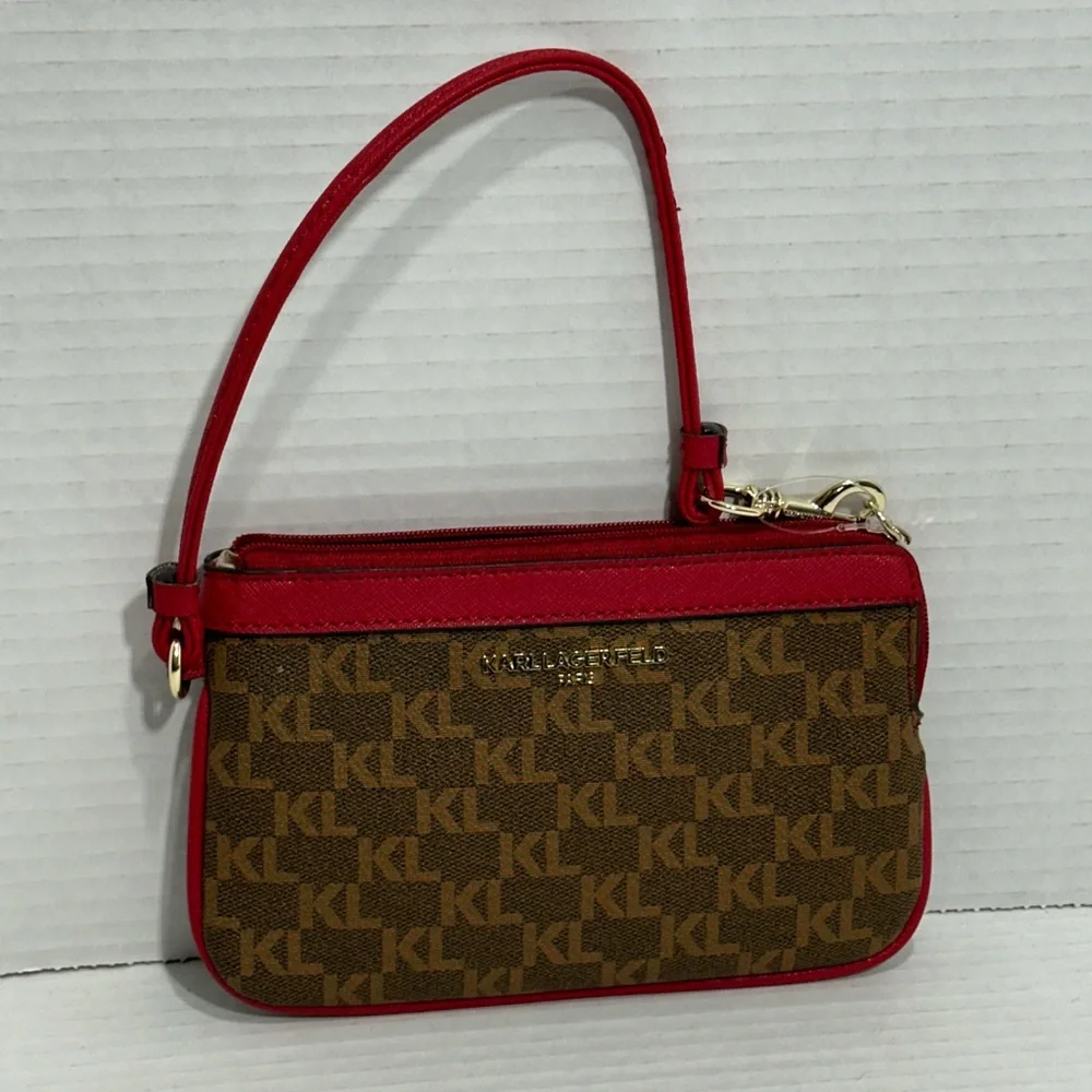 KARL LAGERFELD || SIGNATURE LOGO CRIMSON RED LEATHER CORNER ZIP Wristlet